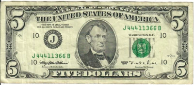 1995 5$ FRN - Small portrait w/ security thread - MEW/RER J44411366B - #15329 - Image 1 of 2