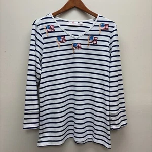 Quacker Factory Striped Patriotic Flag Top Womens Size Large 3/4 Sleeves - Picture 1 of 4