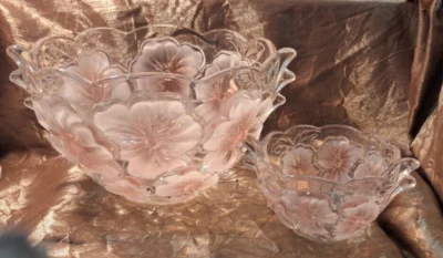 ❤VTG MIKASA BELLA ROSA 水晶碗 2 件套压花磨砂粉红玫瑰/叶子 — 第 1/4 张图片