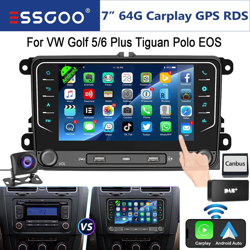 DAB+ Carplay Android 14 Autoradio GPS Für VW GOLF 5 6 Passat Touran Tiguan +Kam - Bild 1 von 4