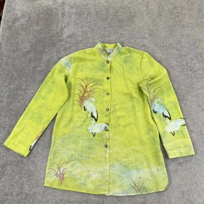 Camisa CITRON Mujer Mediana Verde Pájaro 100% Seda Túnica Top Abotonada Santa Mónica Foto 1 de 4
