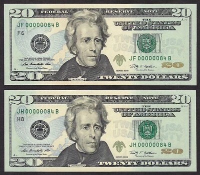 🇺🇸 LOT OF (2) 2009 $20 MATCHED LOW S/N ♚♚00000084♚♚ GEM UNC++ SUPER BOLD&CRISP - Image 1 of 4