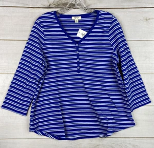 Style & Co Top Womens 0X Blue White Stripe Waffle Knit Long Sleeve Henley NWT - Picture 1 of 9