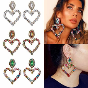 Colorful Full Women Crystal Big Heart Earrings Drop Dangle Jewellery Fashion - Picture 1 of 13