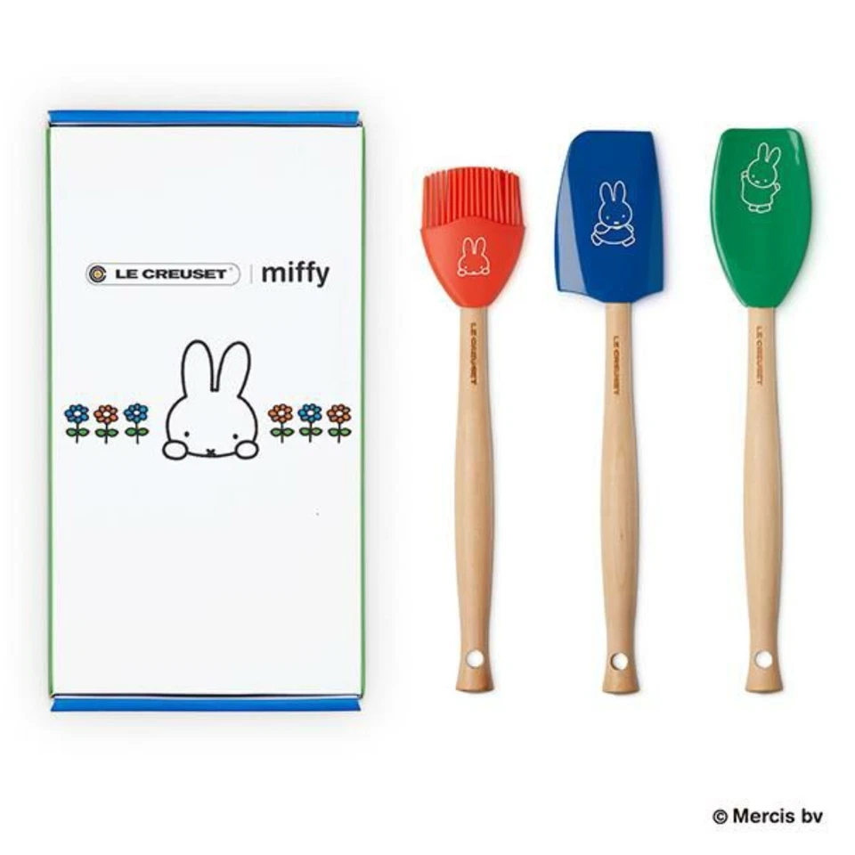 Le Creuset Miffy Spatula 3 pcs Set Spoon Basting Brush Wooden Handle Limited Box - Image 1 of 4