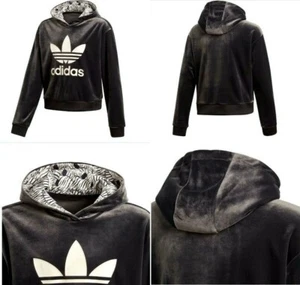 Adidas Juniors Zebra Crop Hoodie Velour Trefoil Black Size Medium Juniors D98909 - Picture 1 of 8
