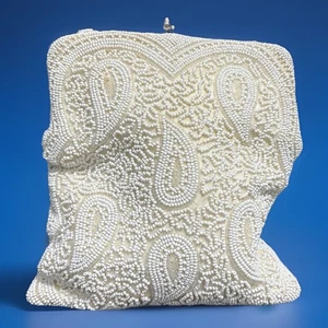 Ivory Beaded Clutch Purse Fair Condition Vintage (M) - Picture 1 of 17