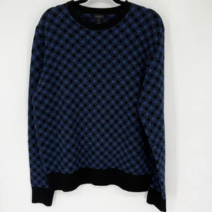 J Crew Sweater Mens Large Blue Black 100% Lambswool Crewneck Argyle Check Knit - Picture 1 of 6