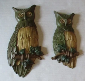 Vintage 1969 Sexton Green Owls Cast Metal Wall Decor Pair 14 /11 Inch MidCentury - Picture 1 of 11