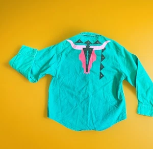 VTG 80s 90s Wrangler Kids Western Rodeo Shirt Cowboy Bull Skull Southwest Neon - Picture 1 of 3