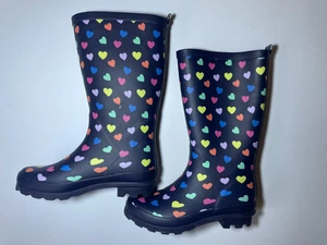Stivali Wellington nuovi stampa cuore foderati extra grip blu navy stivali taglia 1 EU33 - Foto 1 di 6