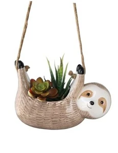 Ceramic Smiling Sloth Hanging Planter Cute Flower Pot for Indoor Plants - Picture 1 of 8