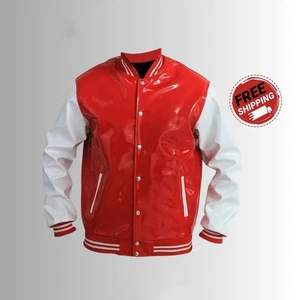 Men's Red White Vinyl Varsity Jacket PVC Leather Letterman Gothic Baseball Coat - Picture 1 of 4