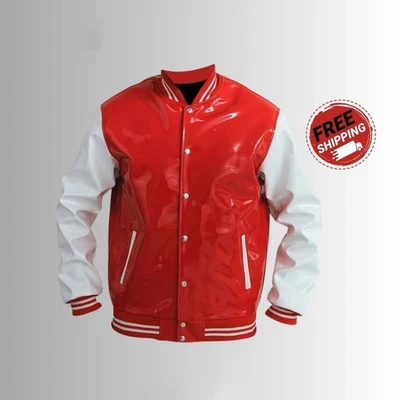 Men's Red White Vinyl Varsity Jacket PVC Leather Letterman Gothic Baseball Coat - Image 1 of 4
