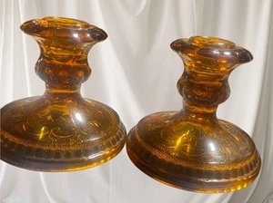 Vintage Tiara Indiana Glass Sandwich Pair 2 Taper Candle Holders Amber - Picture 1 of 3