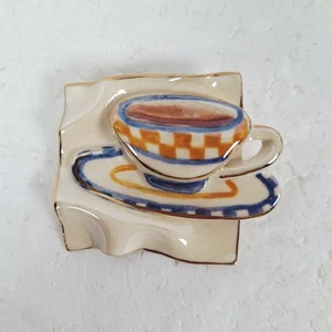 Ceramic Hand Painted Coffee Teacup Brooch Pin - Picture 1 of 4