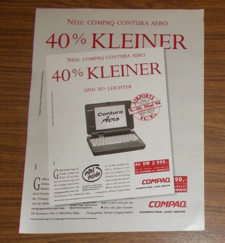 Seltene Werbung COMPAQ CONTURA AERO i486-SX Laptop Portable Computer #2 1994 - Image 1 of 1