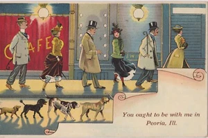 Antique 1910 Postcard Comic Fancy Women, Top Hats, Cafe, Dogs /Peoria, IL. - Picture 1 of 2