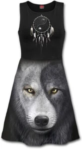 SPIRAL DIRECT WOLF CHI Mesh Layered Midi Skater Dress Yin Yang Goth Wolf Tattoo - Picture 1 of 2