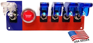 12V Switch Panel Texas Flag, RED Push Start, 1 WHITE/4 BLUE LED Toggle Switches - Bild 1 von 5