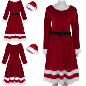 DE Frauen Samt Weihnachten Outfit Langarm Gürtel Kleid mit Santa Claus Hut Set - Bild 1 von 22
