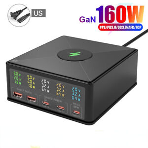 160W GaN Multi USB QC3.0 Type C PD 65W Fast Charger Station Wireless Charging