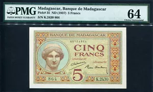 Madagascar 1937, 5 Francs, P35, PMG 64 UNC - Picture 1 of 2