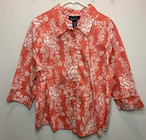 DENIM & CO NWT Plus Size 2X Coral Floral Button Up Collared Shirt 3/4 Sleeve - Picture 1 of 5
