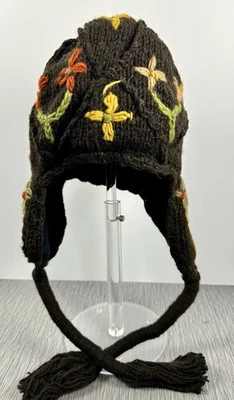 Gorro de invierno tejido a mano de lana sombrero orejeras forrado nuevo con etiquetas Cheveux Nepal marrón floral Foto 1 de 4