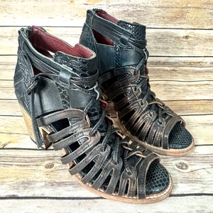 Botas Wazee Freebird para mujer de cuero negro gladiador tacón bloque punta abierta talla 7 - Imagen 1 de 7