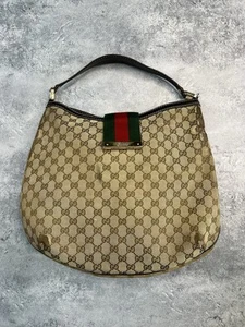 Gucci Auth GG Large Brown Beige Canvas Leather Hobo Bag Web Monogram Runway - Picture 1 of 24