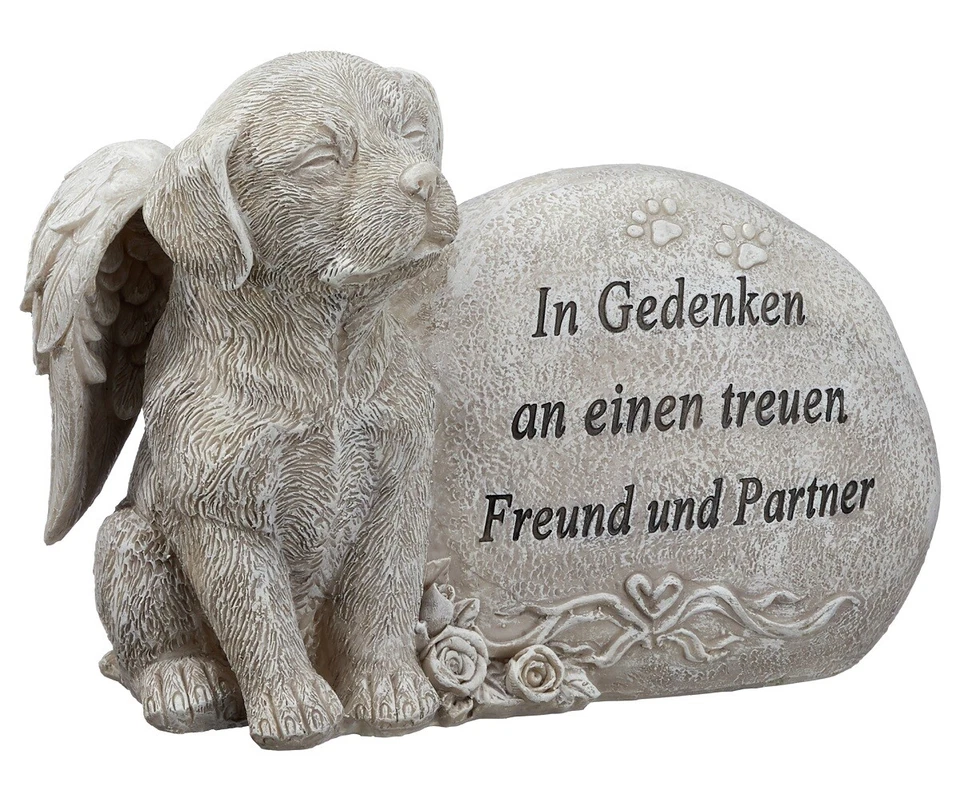 Grabstein Hund mit Engelsflügeln und Spruch in Grau 17 cm Figuren Grabdeko - Bild 1 von 1