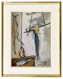 MICHEL DE ALVIS (1936-2019) GRANDE NATURE MORTE AUX POISSONS SIGNEE 1960 (99) - Picture 1 of 5