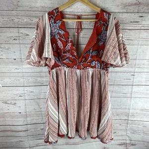 Free People Under the Sun Tunic Top Mini Dress Sz M Red Deep V Open Back Boho - Picture 1 of 10