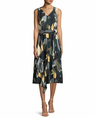 LAFAYETTE 148 Abstract Print Crepe Drape Belted Cocktail Work Midi Dress 2 = XS - Image 1 of 4