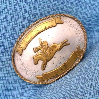 Rodeo Cowboy Bareback Rider Belt Buckle Western Nickel Silver Trophy Vtg .NOX696 - Image 1 of 4
