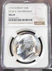 1978 NORWAY SILVER 50 KRONER S50K OLAV V 75TH BIRTHDAY NGC MS 69 RARE TOP POP - Picture 1 of 3