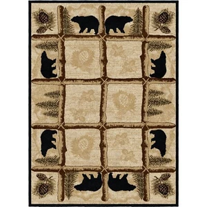 Toccoa Area Rug Lodge Cabin Bear Pinecone Matching Beige Black  *FREE SHIPPING* - Picture 1 of 10