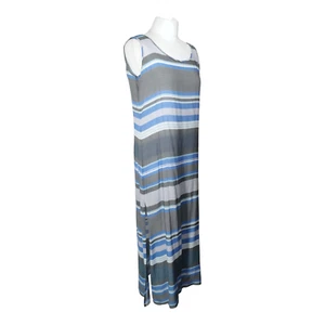 Blue Grey Striped Maxi Dress Size 10 12 Side Thigh Slits Lightweight HEXELINE - Picture 1 of 17