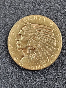 🌟 1910 Indian Head Half-Eagle US GOLD $5 Incuse Coin CLEANED - Picture 1 of 5