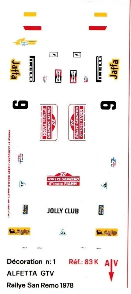 Decal 1/43 Alfa Romeo Alfetta GTV Sanremo Rally  '78 #6 Solido Decal Virage - Immagine 1 di 1