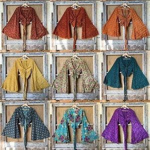 5 Pc lot of Indian Vintage Silk Sari Bell Sleeve Crop Top Retro 60s Clothing - Picture 1 of 7