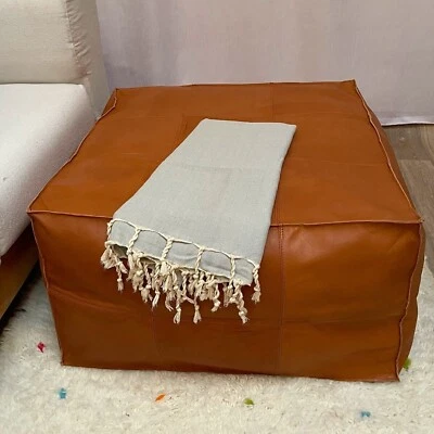 Pouffe Leather Genuine Footstool Moroccan Ottoman Brown New Handmade Pouf Boho - Image 1 of 4