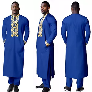 Men's Long Sleeve African Traditional Gold Print Button Down Robe and Pants Set - Picture 1 of 21