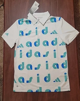 Camisa polo de golf Adidas para niños jóvenes talla M 11/12 blanca con logotipo en azul Foto 1 de 4