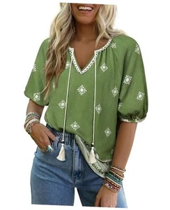 Womens Summer Boho Tops Casual V Neck Short Sleeve Blouses Floral Print Shirt - Picture 1 of 7