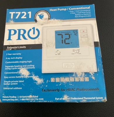 PRO1 T721 Digital Non-Programmable Thermostat, 2 Heat 1 Cool Heat Pump New - Image 1 of 3