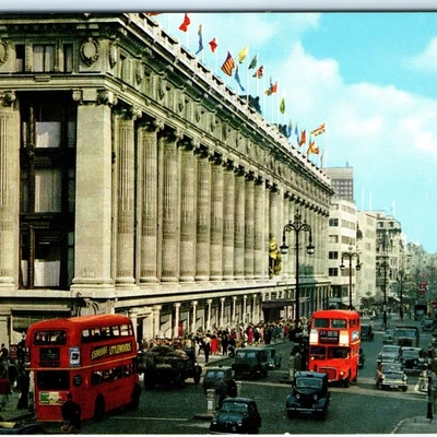 c1950s Oxford Street, London, England Postcard Selfridges Red Decker Buses A369 - Image 1 of 3