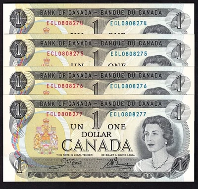 Canada 1973 Lot Of Four Consecutive $1 One Dollar Banknotes Crow- Bouey UNC - Image 1 of 2