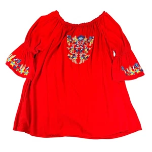 Southern Stitch Shirt Womens XL Red Embroidered Boho Tunic Top Floral Rayon - Picture 1 of 10